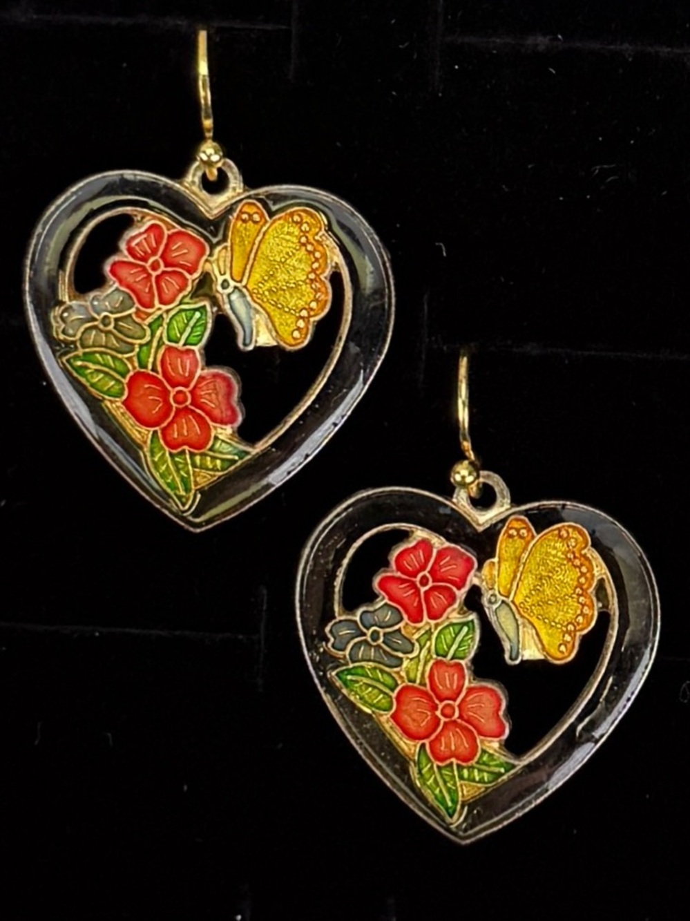 Heart Butterfly Floral Enamel Dangle Earrings Gold Tone Vintage